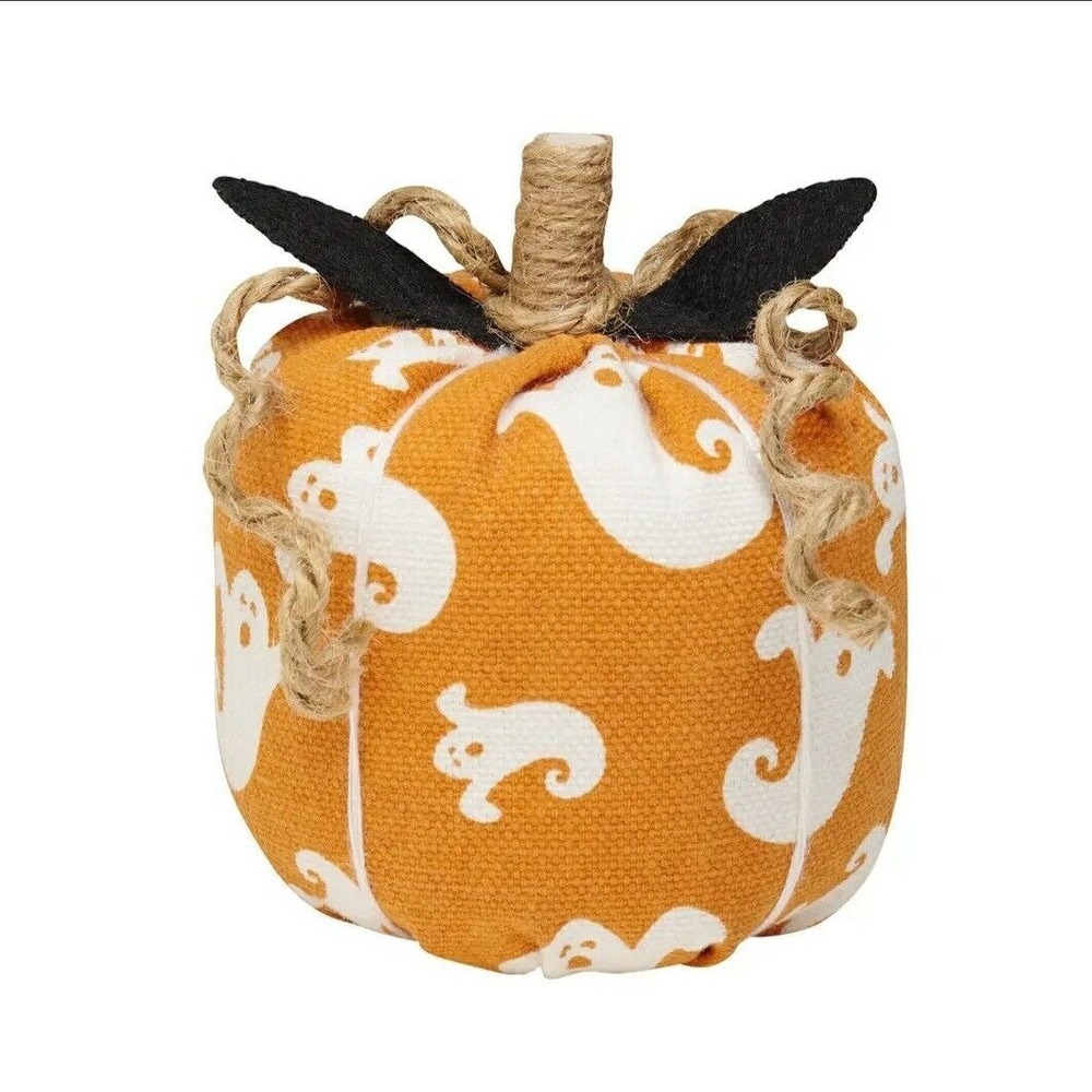 Primitive PUMPKIN Halloween Orange & White GHOSTS Fabric Wood Stem 3x3"‎